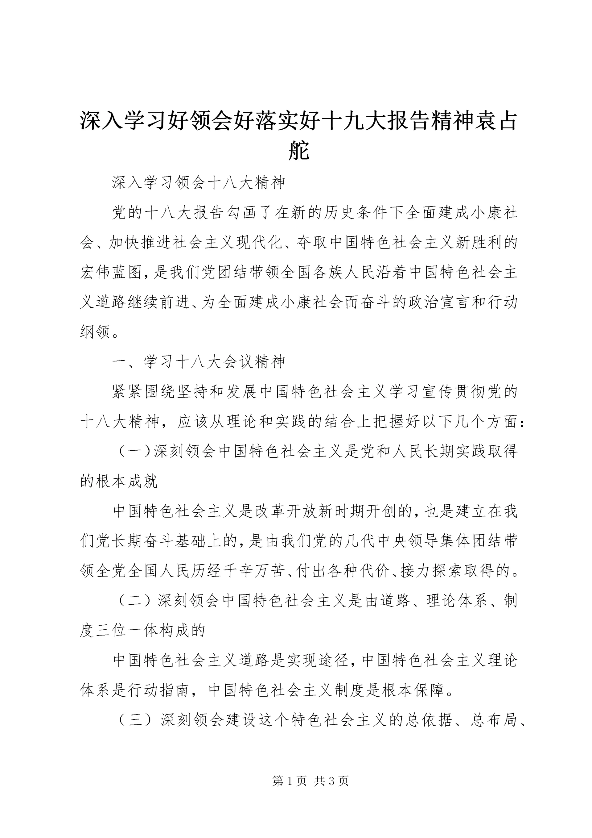 深入学习好领会好落实好十九大报告精神袁占舵.docx