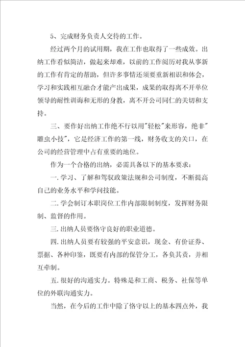 2022出纳试用期述职报告