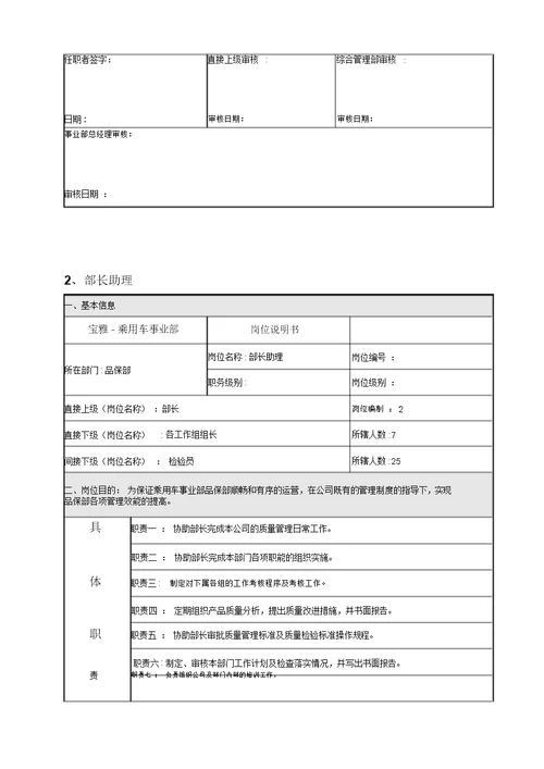 品保部岗位说明书(标准版)分解