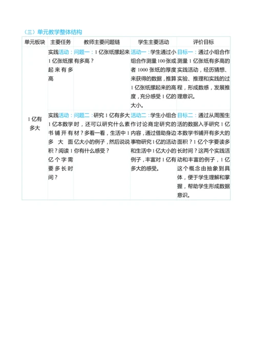 （大单元整体教学）1亿有多大（表格式）教学设计 人教版 四年级上册数学