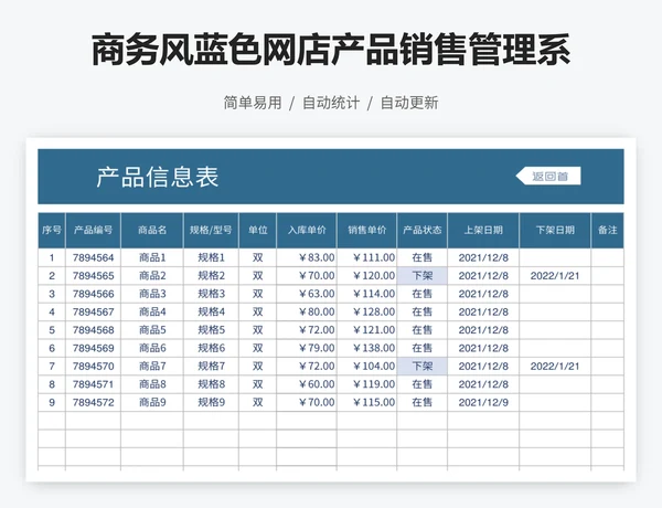 商务风蓝色网店产品销售管理系统