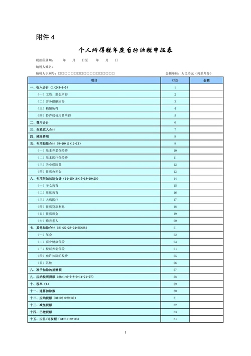 新个人所得税年度自行纳税申报表