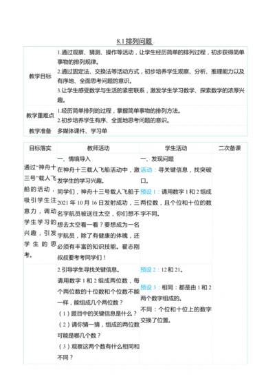 （大单元整体教学）8.1排列问题（表格式）教学设计