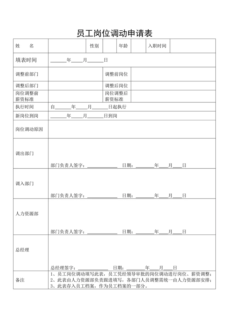 员工岗位调动申请表