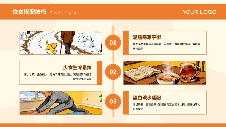 橙色插画创意冬季健康指南PPT模板