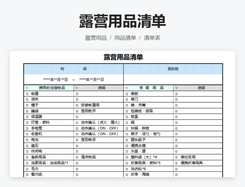 露营用品清单