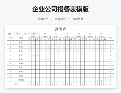 企业公司报餐表模版