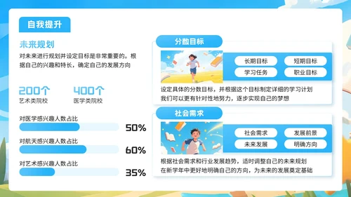 蓝色插画风格开学季让梦想起飞PPT模板