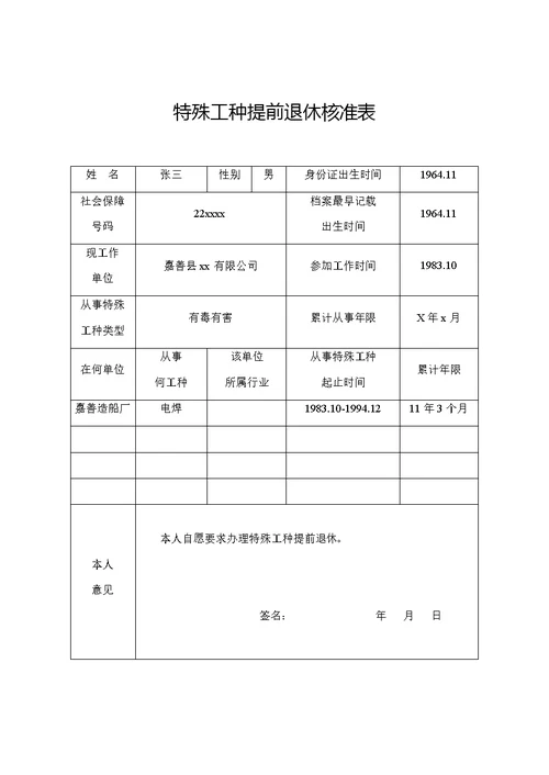 特殊工种提前退休核准表