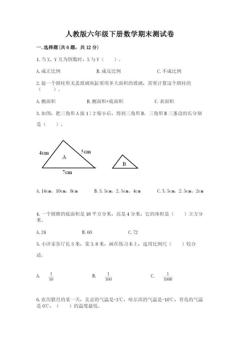 人教版六年级下册数学期末测试卷含答案【培优】.docx