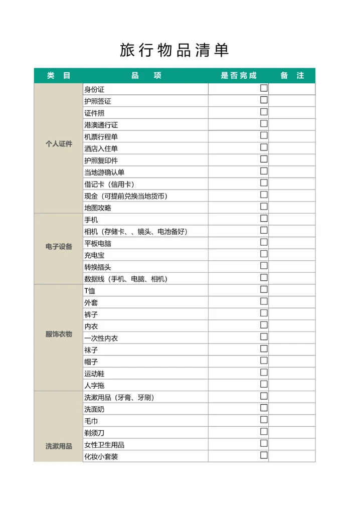 旅行物品清单