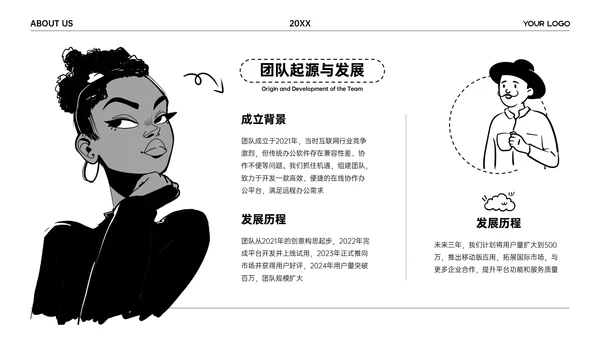 黑白卡通插画风团队介绍PPT模板