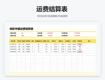 简约黄色运费结算表