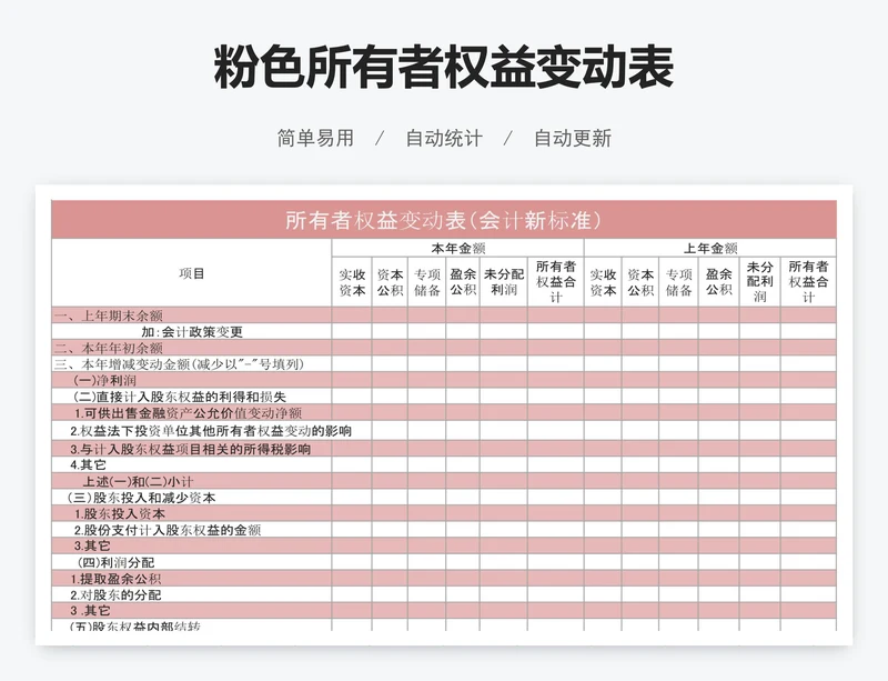 粉色所有者权益变动表