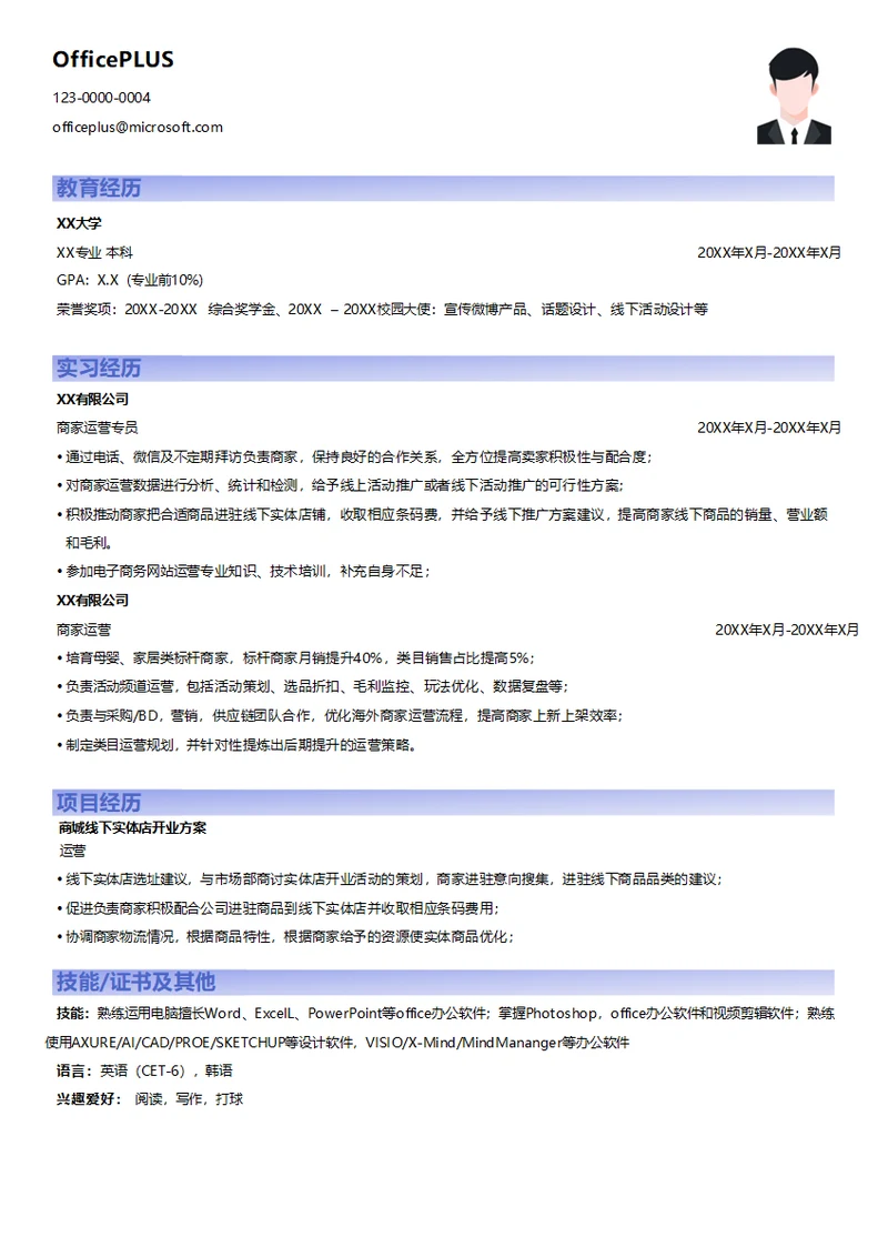 电子商务商家运营实习生简历模板