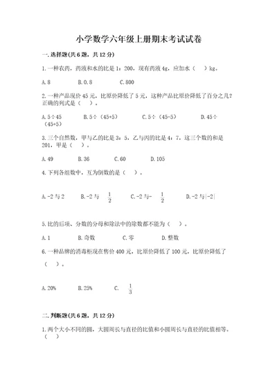 小学数学六年级上册期末考试试卷（考点梳理）wod版