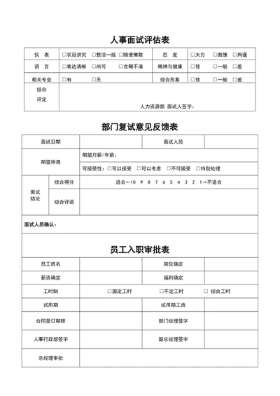 人事面试评估表部门复试意见反馈表员工入职审批表