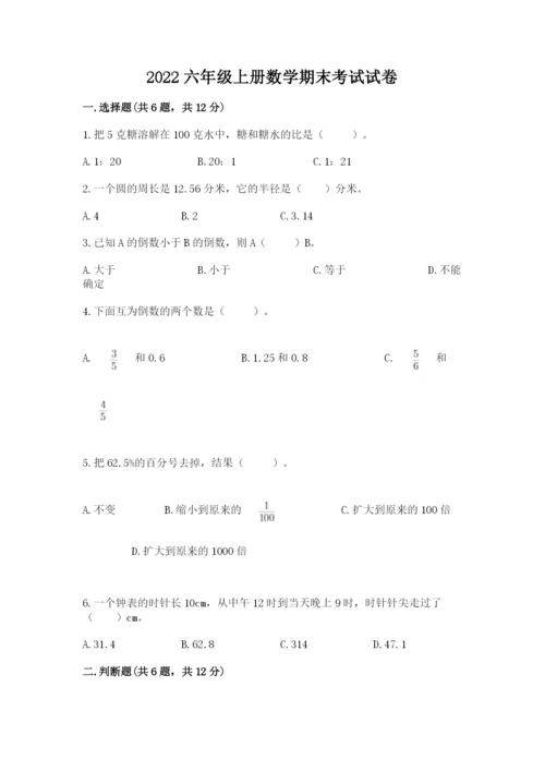 2022六年级上册数学期末考试试卷附完整答案（各地真题）.docx