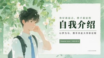 绿色水彩小清新风大学生新生自我介绍PPT模板