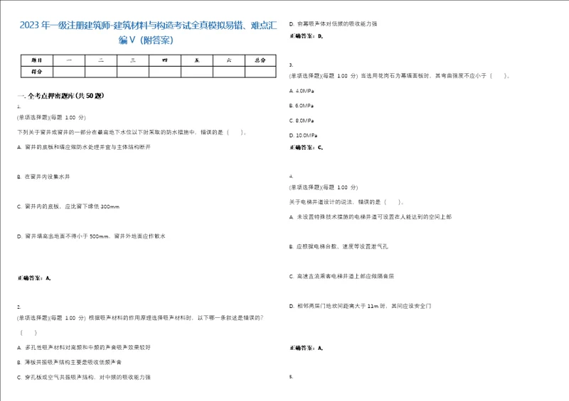 2023年一级注册建筑师建筑材料与构造考试全真模拟易错、难点汇编V附答案精选集55