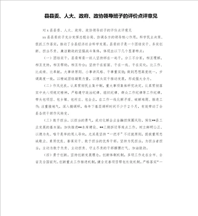 县县委、人大、政府、政协领导班子的评价点评意见