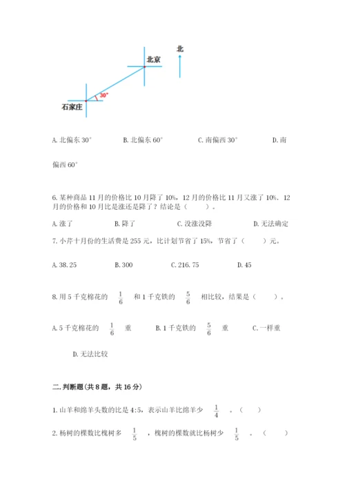 小学六年级上册数学期末测试卷附答案（考试直接用）.docx