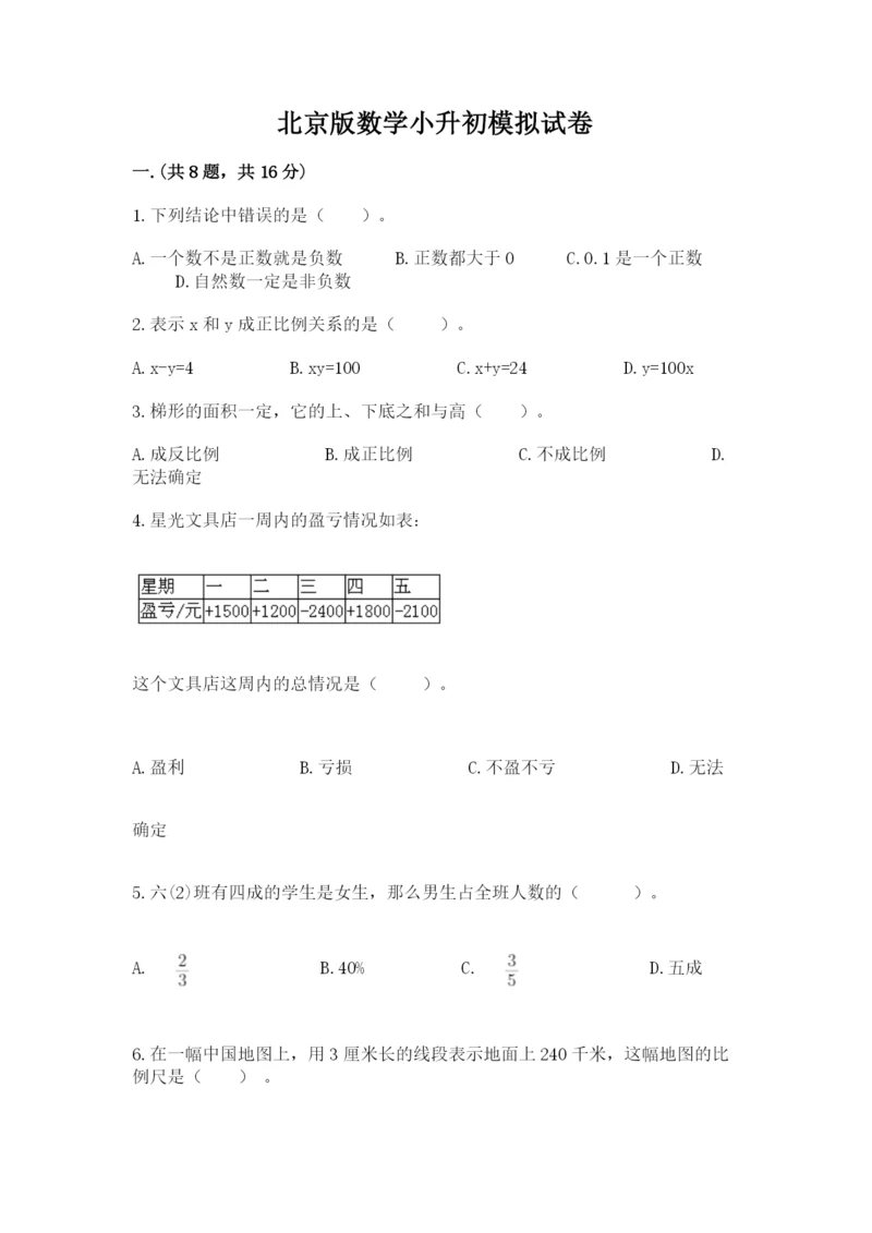 北京版数学小升初模拟试卷【典型题】.docx