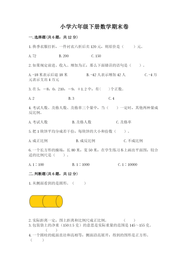 小学六年级下册数学期末卷含完整答案（名师系列）.docx