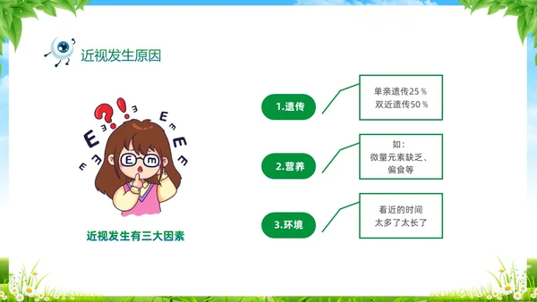 绿色清新展板风卡通儿童保护视力保护眼睛远离近视中小学近视防控家长会预防近视