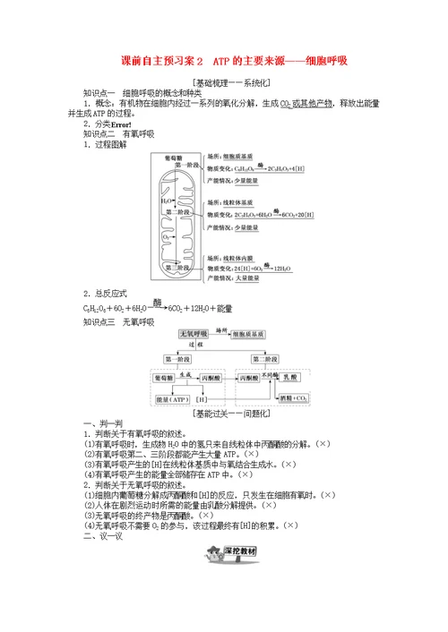 2020版高考生物一轮复习课前自主预习案2ATP的主要来源——细胞呼吸