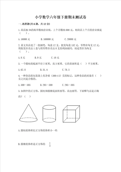 小学数学六年级下册期末测试卷及完整答案各地真题