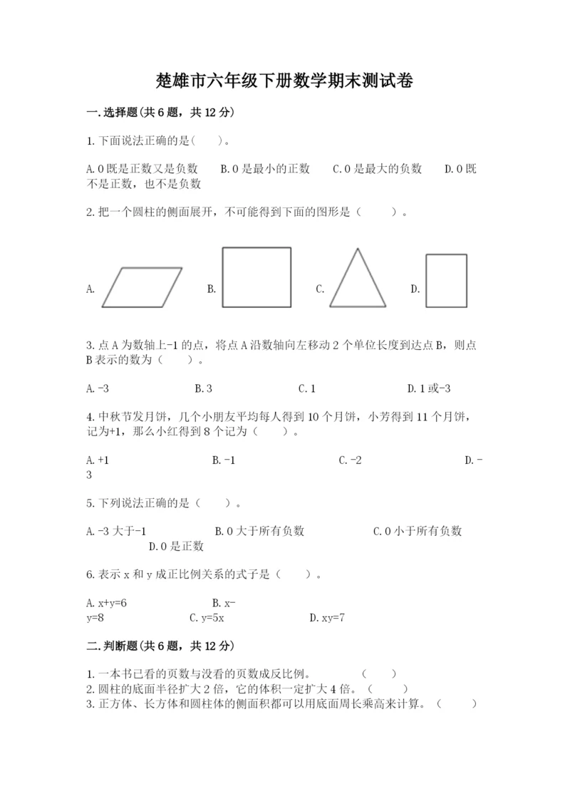 楚雄市六年级下册数学期末测试卷汇编.docx