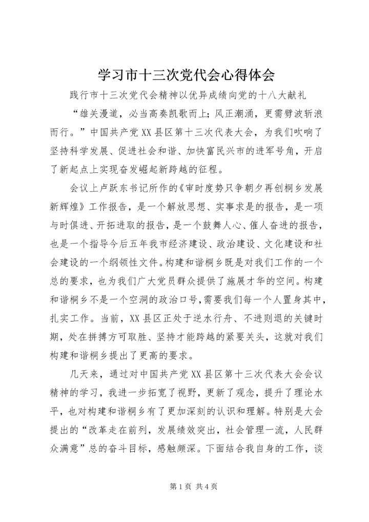 学习市十三次党代会心得体会.docx