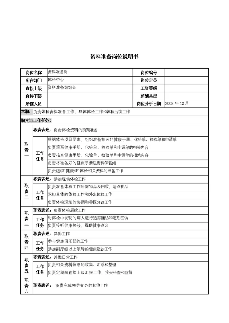 湖北新华医院体检中心资料准备岗位说明书[2页]