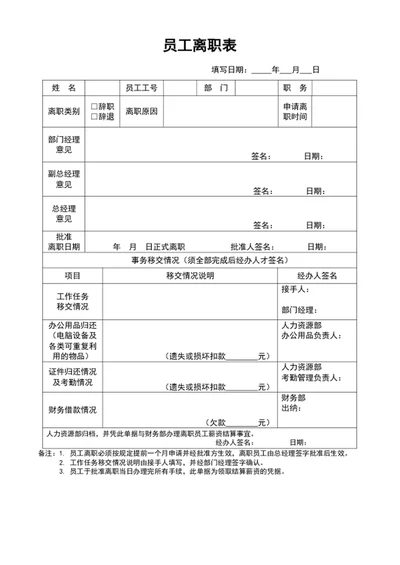 公司员工离职表离职申请表word文档表格
