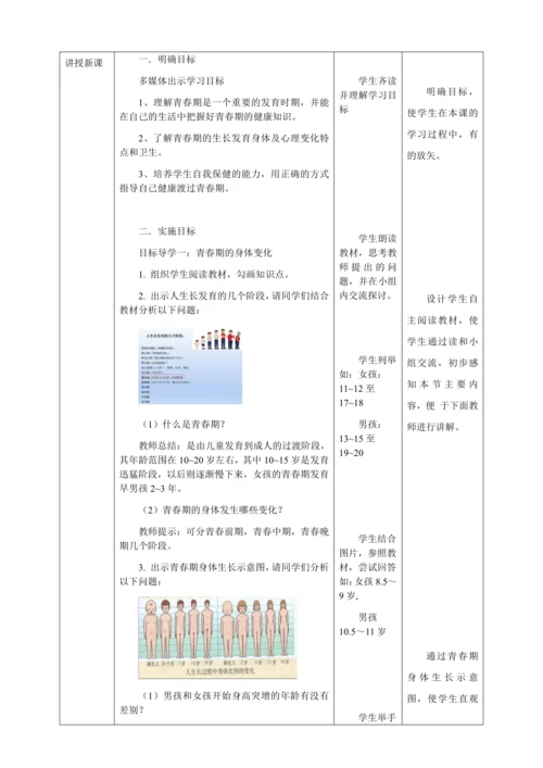 人教版七年级生物下册第四单元1.3青春期教案（表格式）