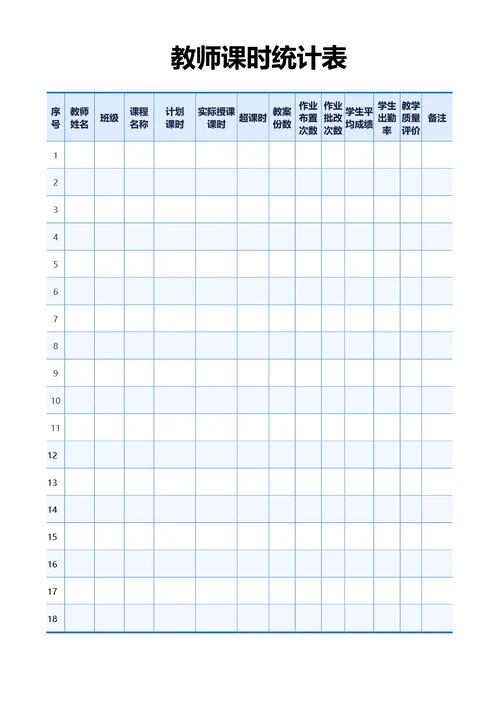 蓝色清新风教师课时统计表