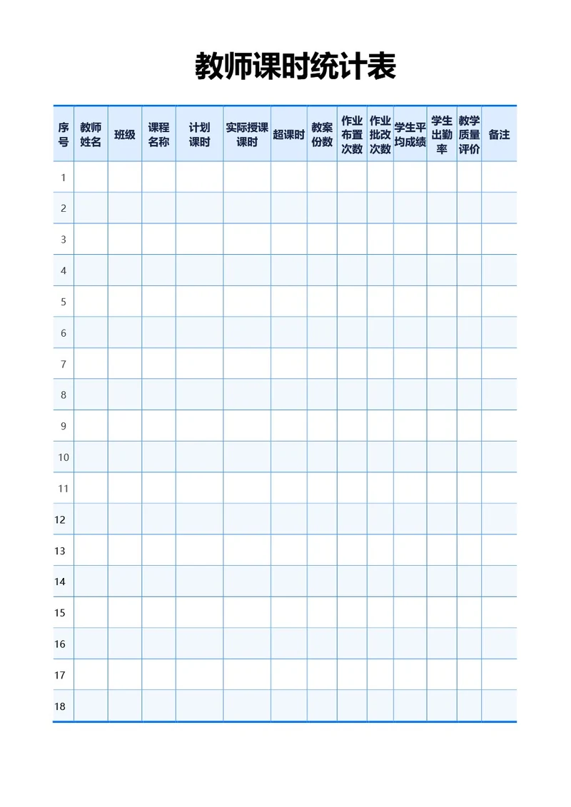 蓝色清新风教师课时统计表
