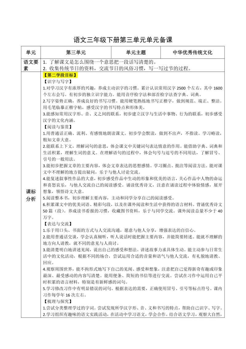 统编版语文三下 第三单元整体备课规划