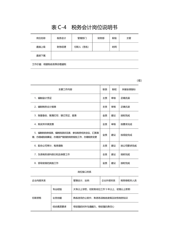税务会计岗位说明书