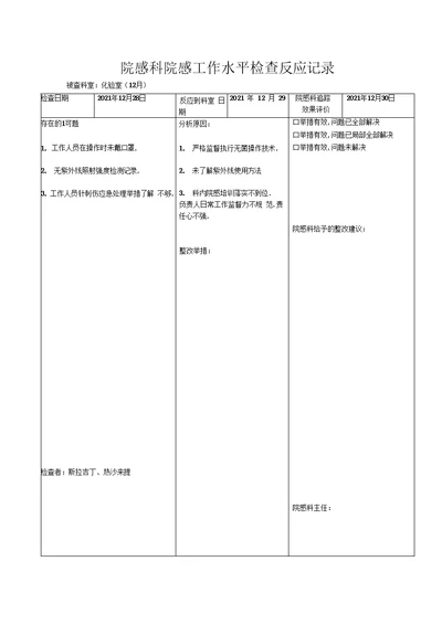 最新院感科院感工作质量检查反馈记录58195资料