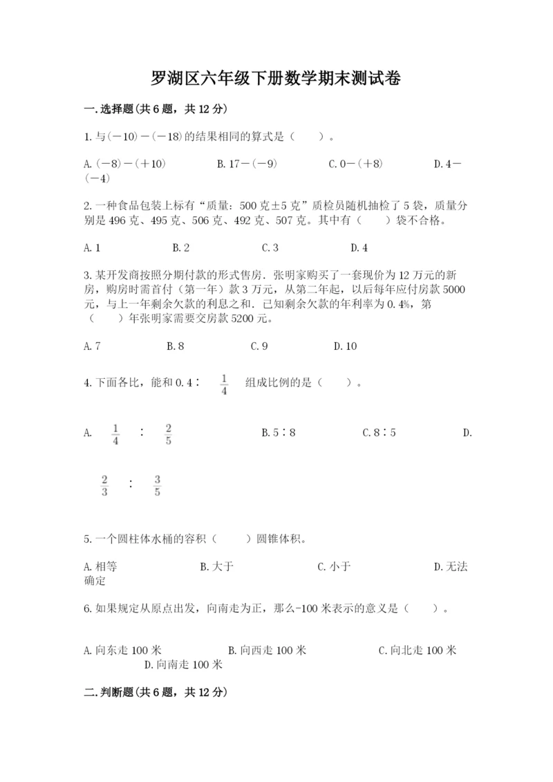 罗湖区六年级下册数学期末测试卷及一套参考答案.docx
