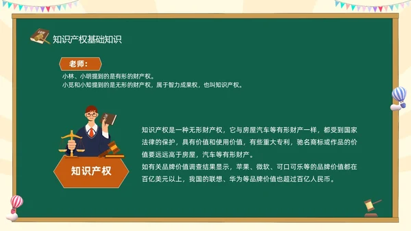 绿色黑板风卡通儿童知识产权进校园小学生知识产权主题班会世界知识产权日