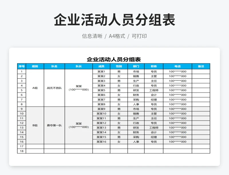 企业活动人员分组表