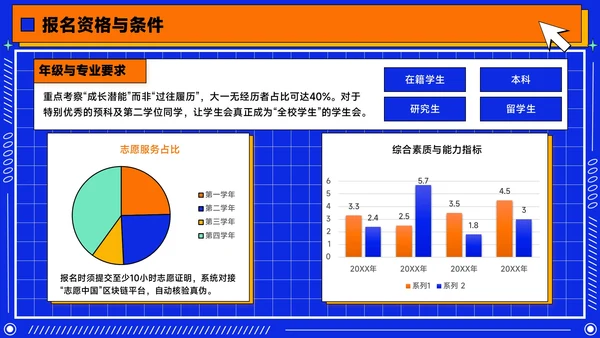 橙蓝色潮流插画风学生会招新PPT模版