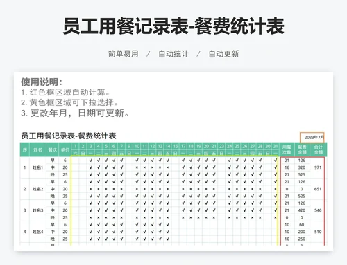 员工用餐记录表-餐费统计表