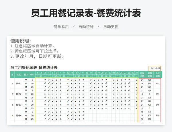 员工用餐记录表-餐费统计表