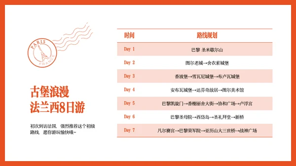 蓝白红简约法国旅行攻略PPT模板