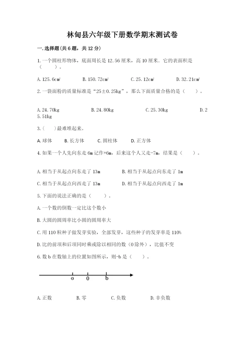 林甸县六年级下册数学期末测试卷（精选题）.docx