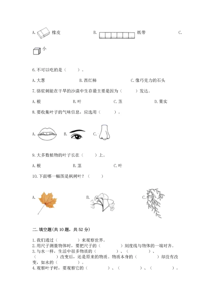 教科版一年级上册科学期末测试卷（有一套）.docx
